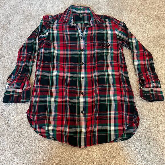 Lauren Ralph Lauren Women's Long Button Down Flannel Red Green Size M - Picture 7 of 9